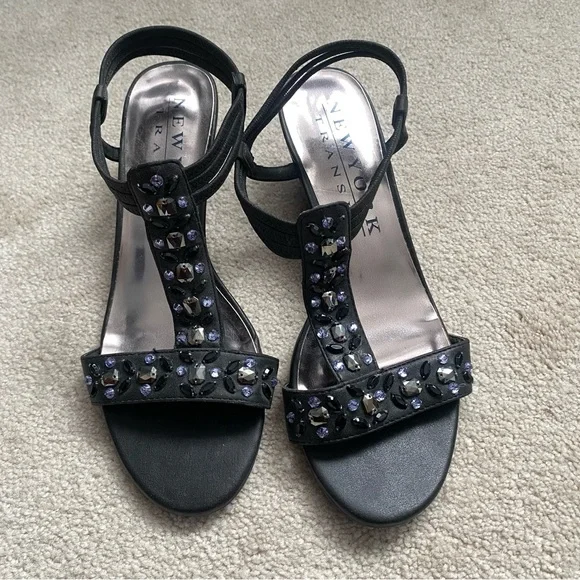 Black T-Strap Sandals with Embellishments - Picture 1 of 5
